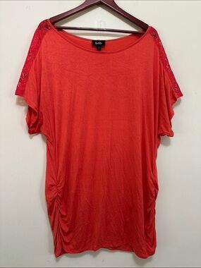 bebe Coral-Red Lace-Shoulder Tunic Top